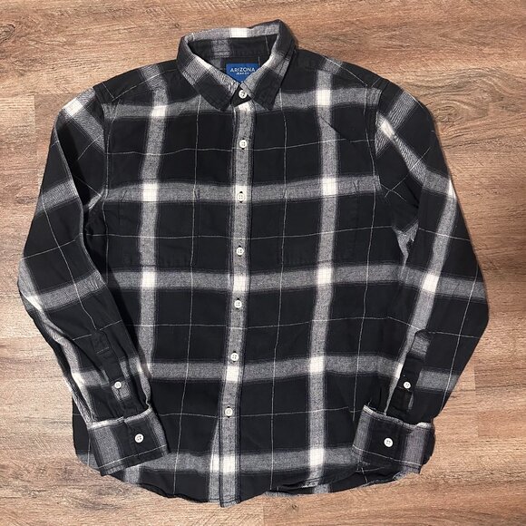 Arizona Jeans Casual Button Down Mens Medium Black Plaid Rugged Flannel Shirt - Picture 1 of 5